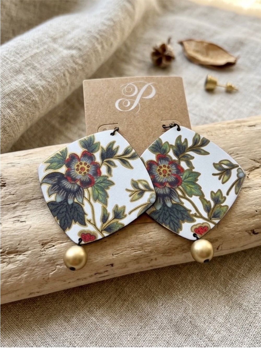 Plunder Design Floral Square Dangle
Earrings Gold Bead Drop Boho Cottagecore